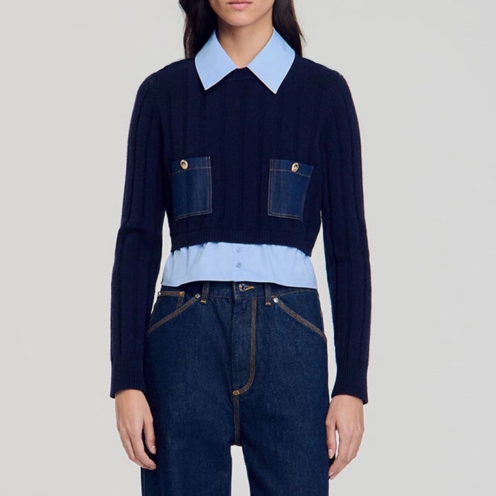 SANDRO Navy and Light Blue Layered Sweater